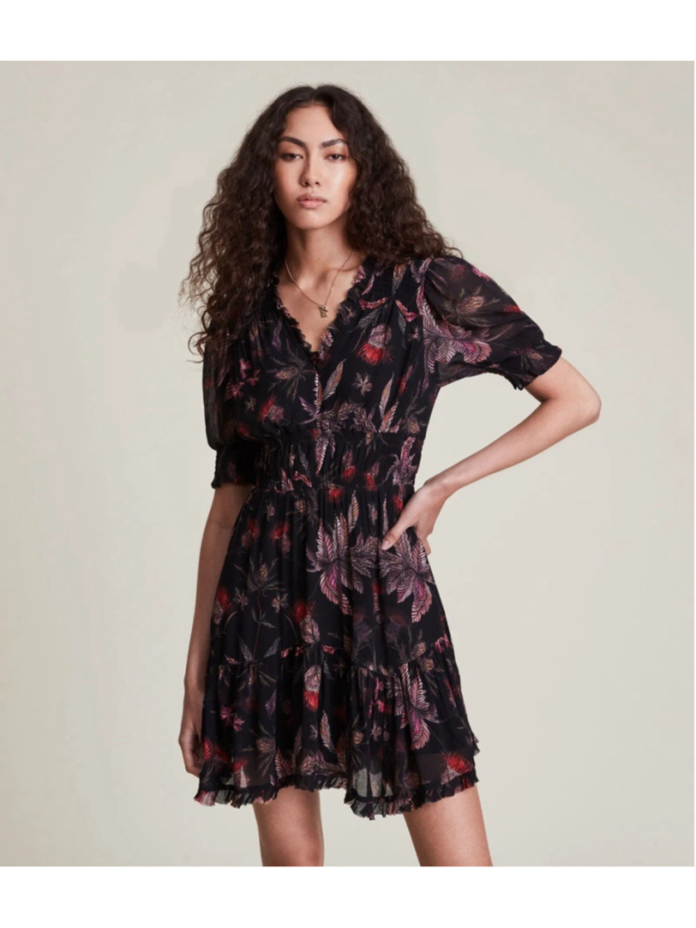 Allsaints Via Harris Dark Romantic Floral Mini Dress US 10 Smocked Puff Sleeve